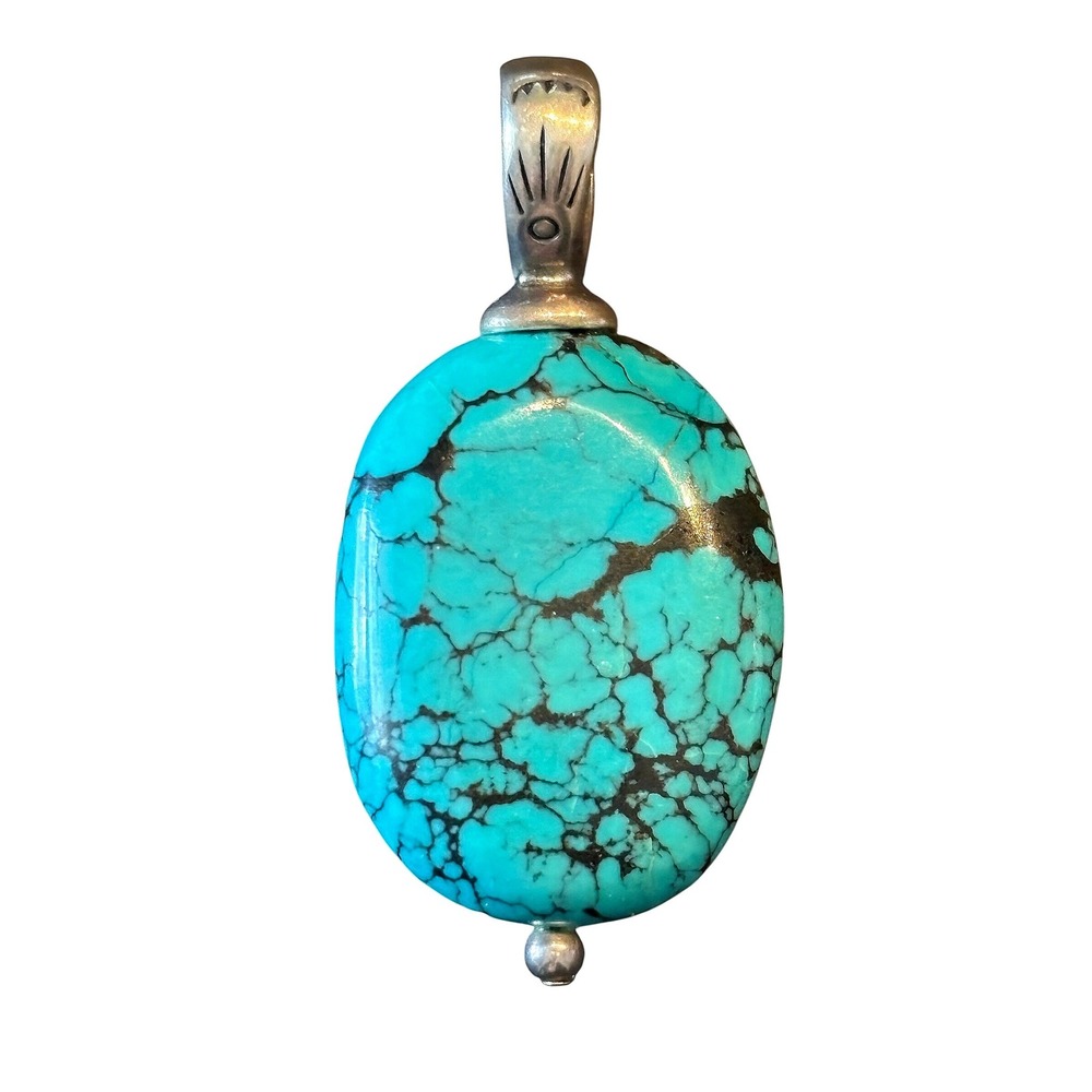 Sterling Silver 925 Oval Turquoise Spiderweb Matrix Pendant Southwestern